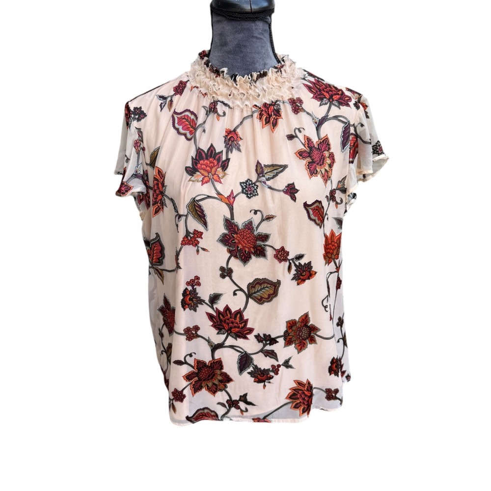 Daniel Rainn  Floral Ruffle Mock Neck Blouse Sheer Elegant Party Top Size L